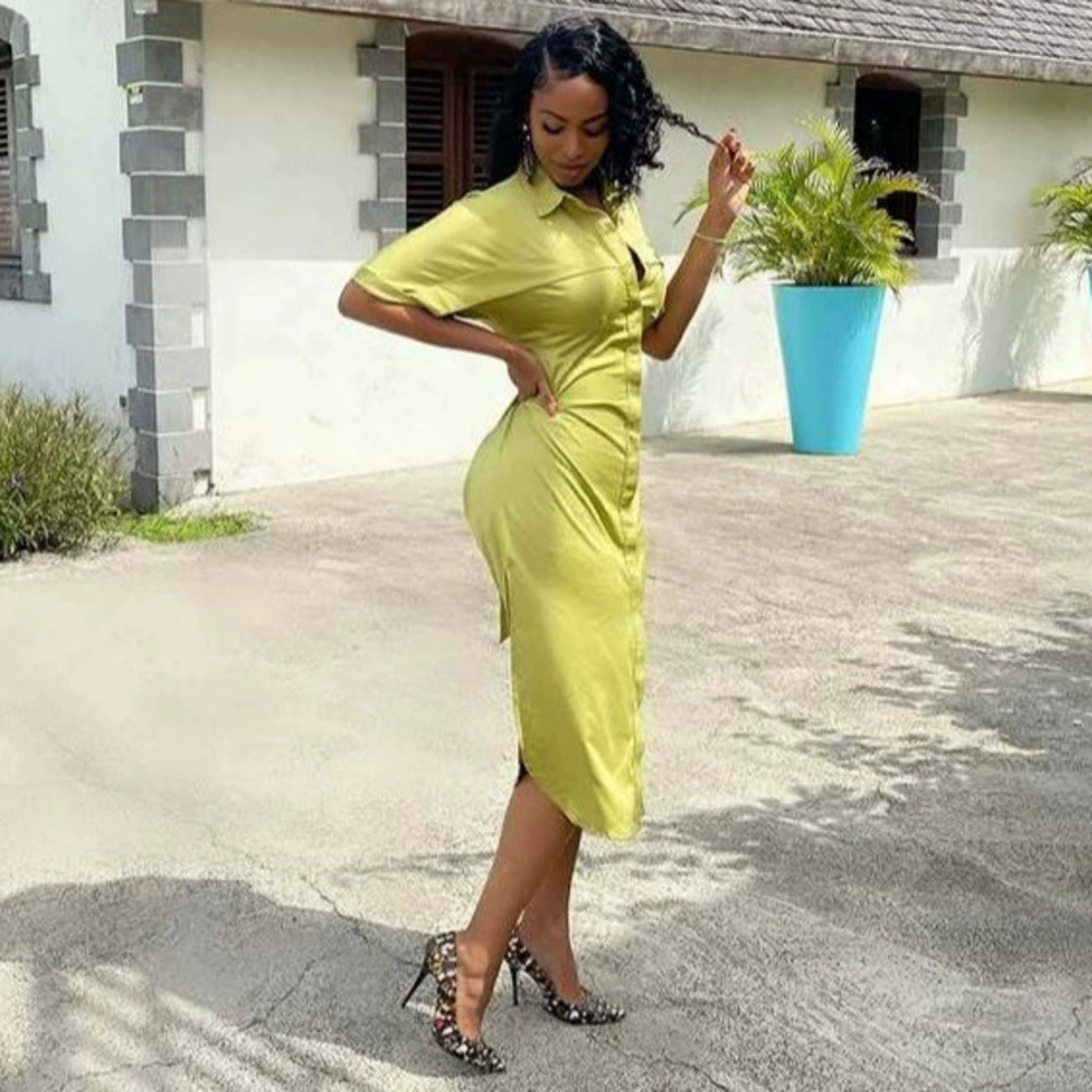 African Chic Sexy Notch Collar Button Fitted Bodycon Dress Pure Color